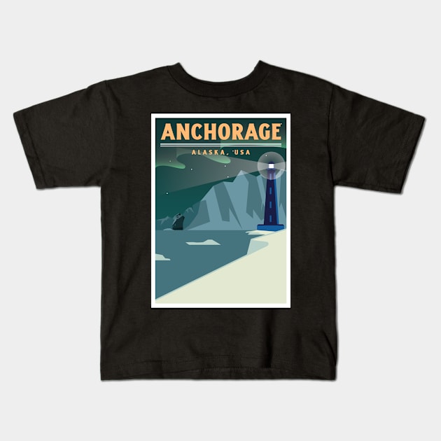 Anchorage, Alaska, USA Ship and Lighthouse Kids T-Shirt by LittleFlairTee